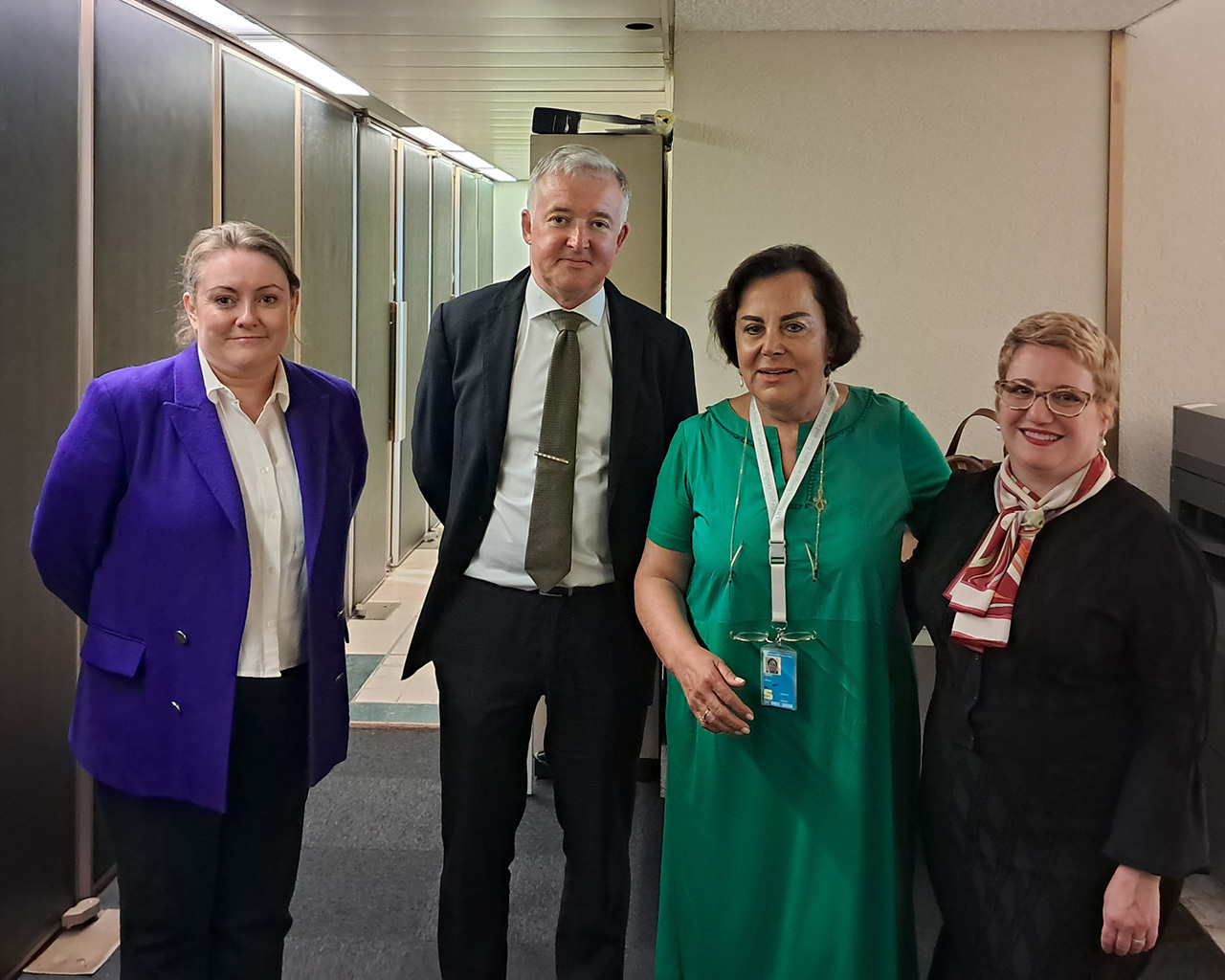 Pictured in the UN building (Palais des Nations) are Deirdre Malone, Director; Chief Commissioner Liam Herrick; Nahla Haidar, Chair of the Committee on the Elimination of Discrimination against Women; and Jelena Pia-Comella, Member of the Committee on the Elimination of Discrimination against Women and Country Rapporteur for Ireland’s CEDAW Review.
