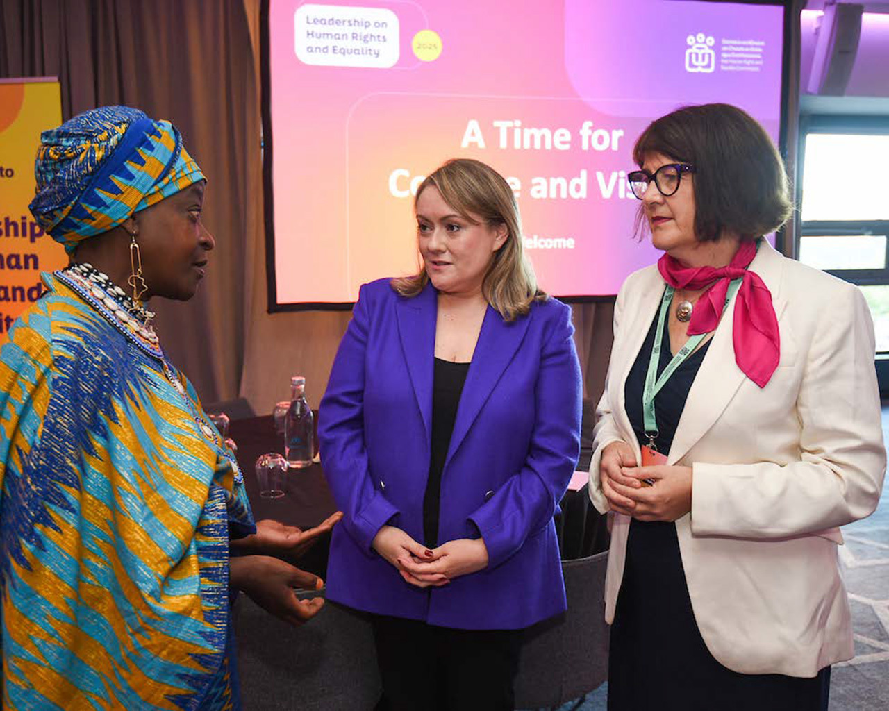 Nyanchama Okemwa, Chair, European Network Against Racism, Deirdre Malone, Director and Prof Siobhán Mullally, UN Special Rapporteur on Trafficking in Persons at the 2025 Leadership on Human Rights and Equality Conference