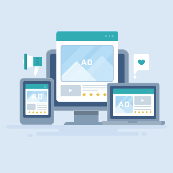 illustration of laptop, computer and tablet with ad written on them